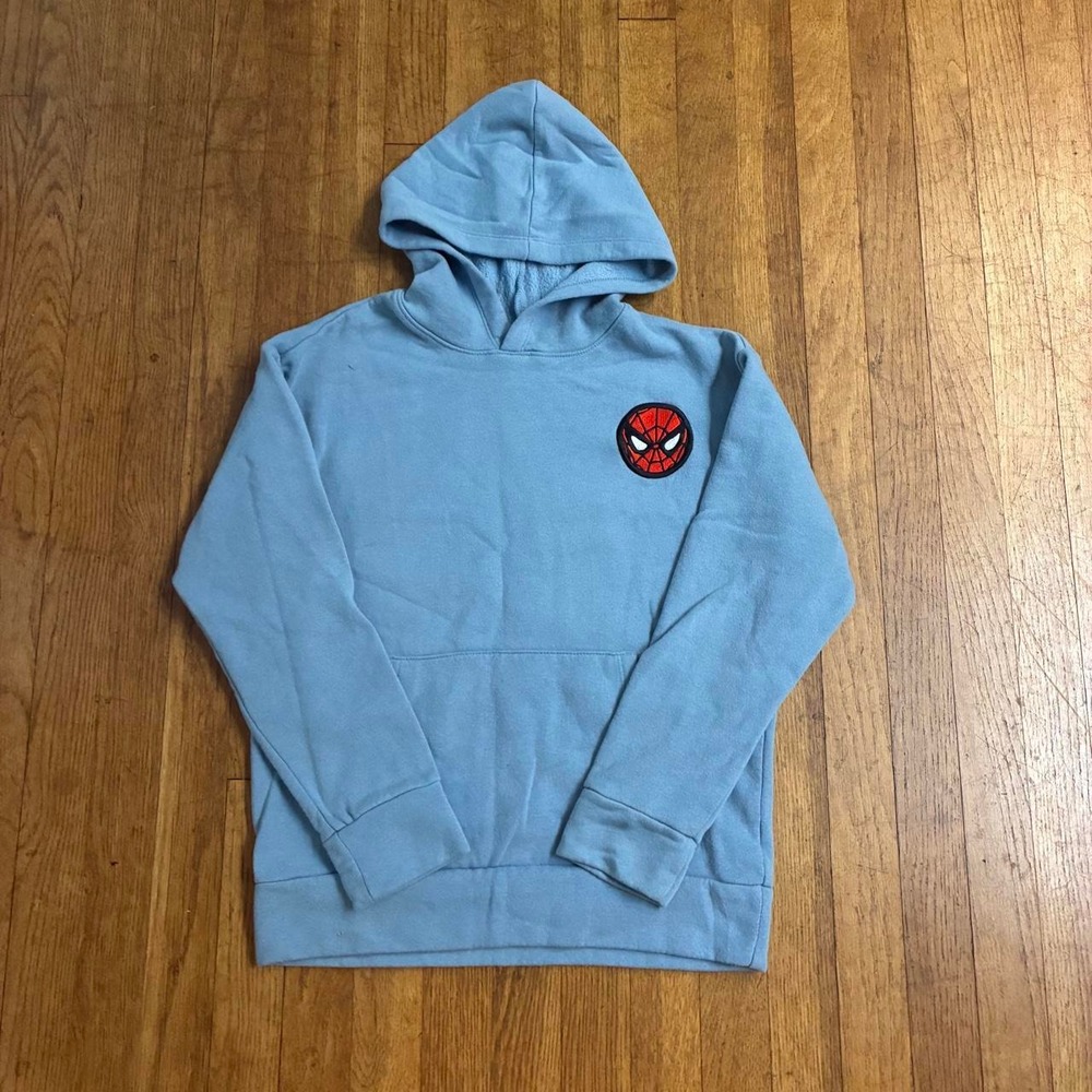 Old Navy Marvel Spider-Man Light Blue Graphic Fleece Pullover Hoodie Boys XL